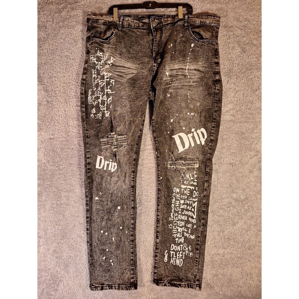 Encrypted Mens Jeans Distressed Black Acid Wash with White Graphic Drip 44x34